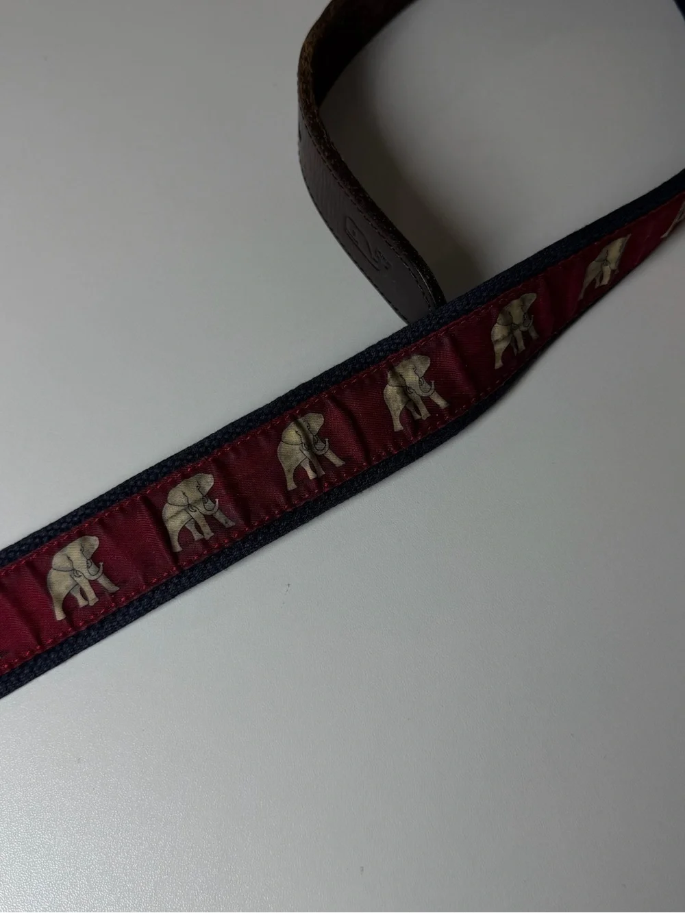 Vineyard Vines 30W Burgundy Elephant Canvas Belt with Brown Leather Brass Buckle